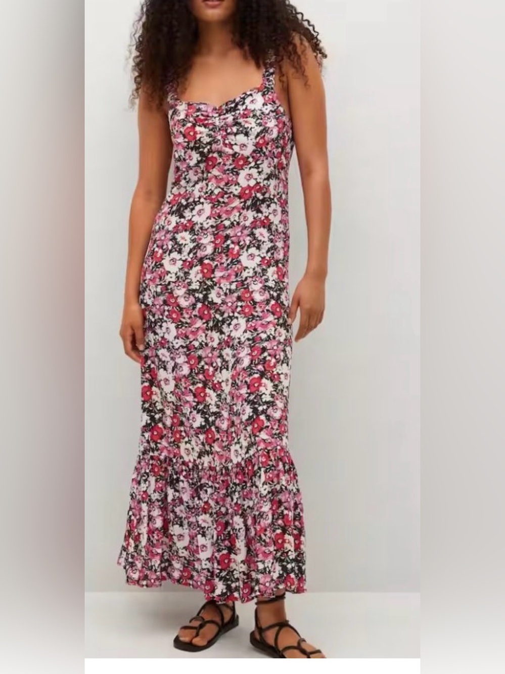 MANGO Woman’s Floral Pink Maxi Dress with Ruffle Hem size Small